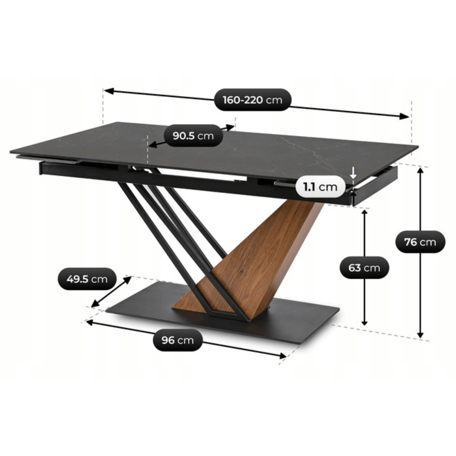 Keramický rozkladací stôl REX 160-220 cm, čierny mramor/orech