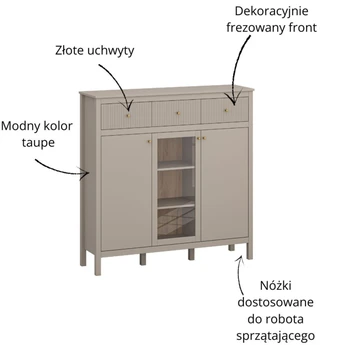 Komoda Przeszklona z Szufladami SELVIO 133,1 cm Taupe Ryflowana Nowoczesna - obraz 4