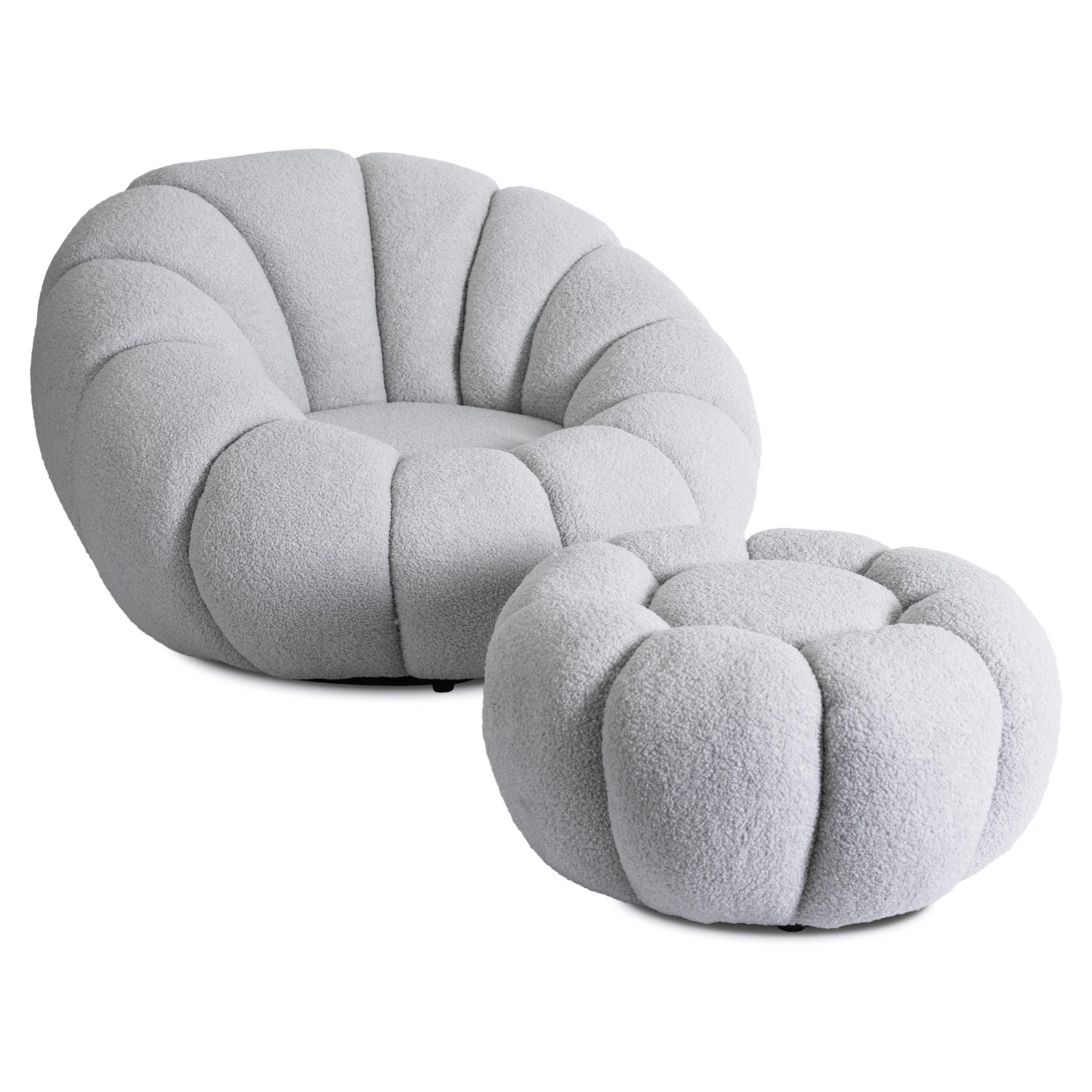 Otočné relaxačné kreslo PETTIT s pufom, sivé, bouclé