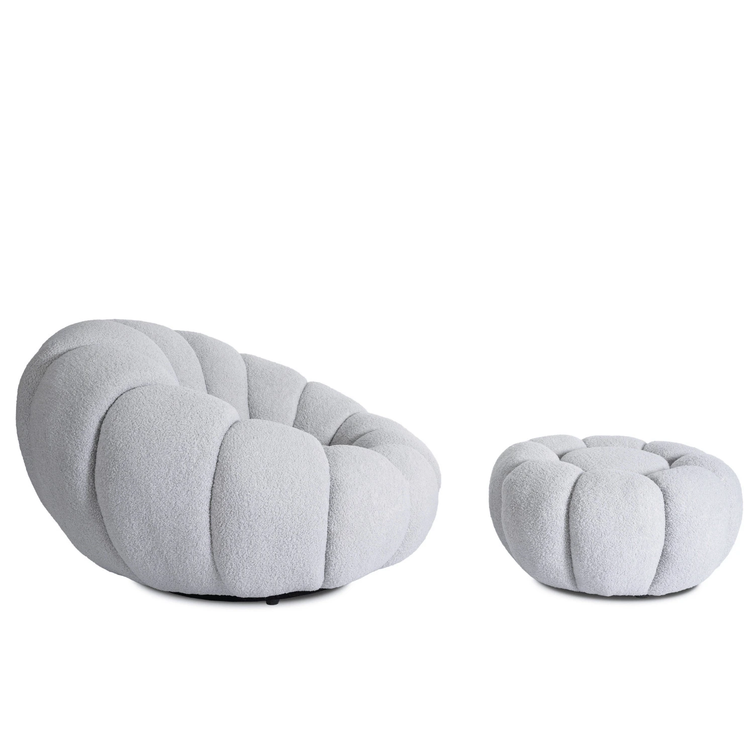 Otočné relaxačné kreslo PETTIT s pufom, sivé, bouclé