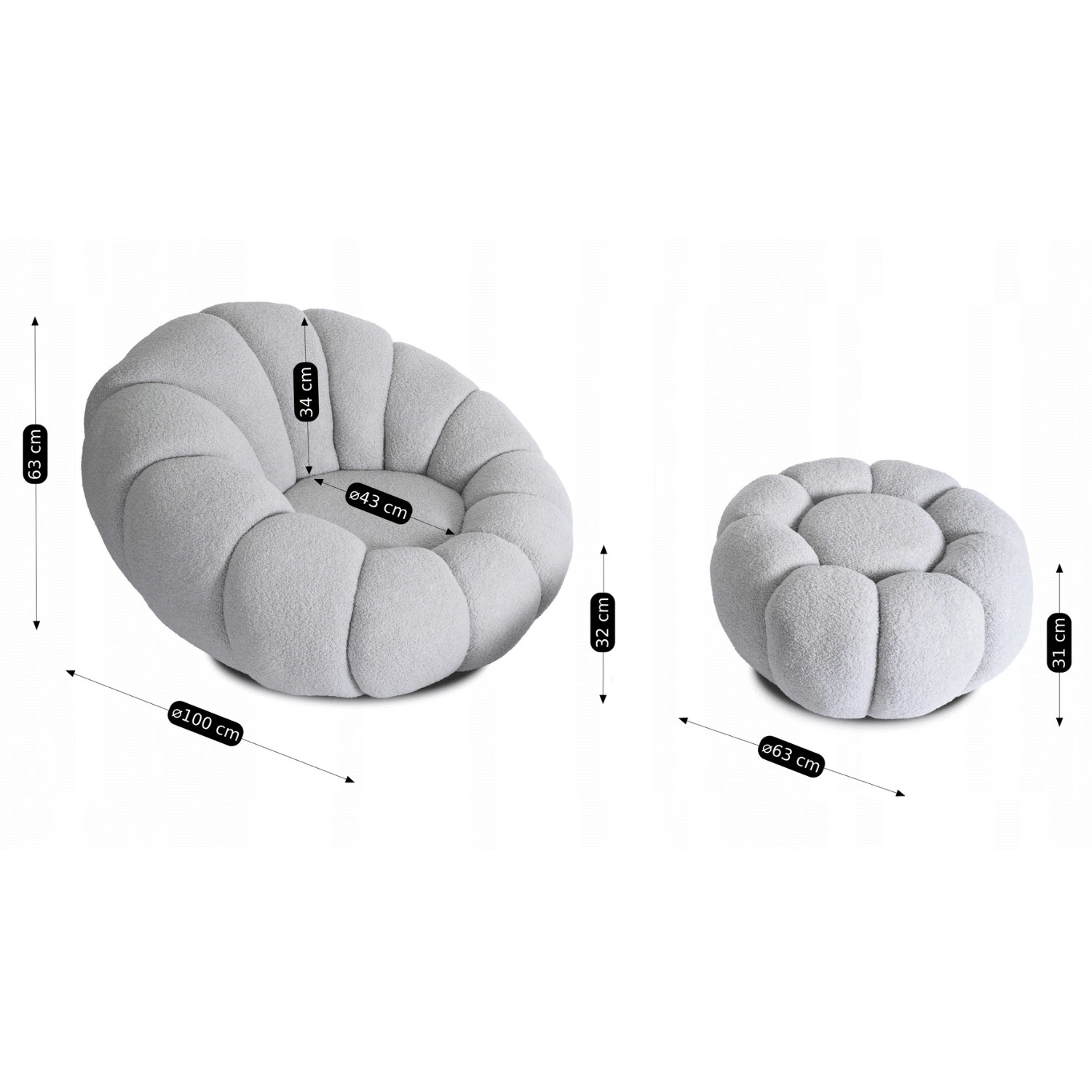 Otočné relaxačné kreslo PETTIT s pufom, sivé, bouclé