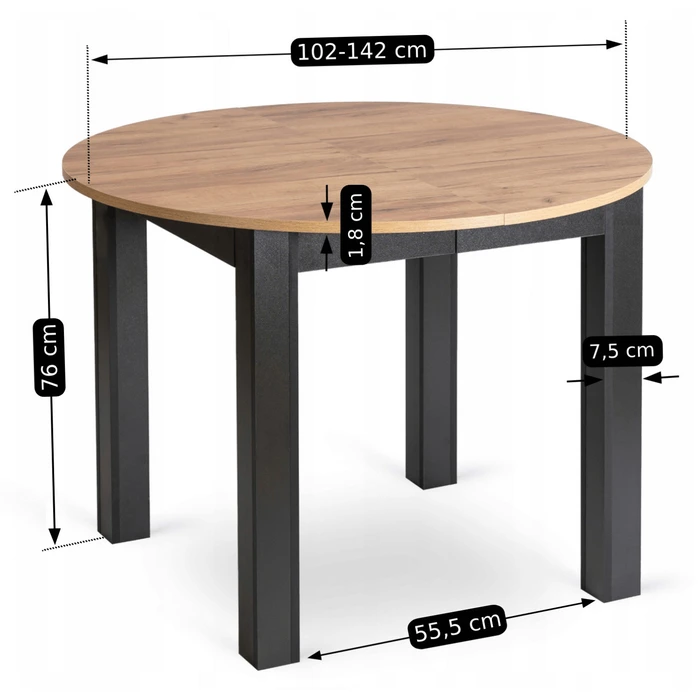 Zestaw Stół Okrągły Rozkładany HARRY 102-142 cm Dąb Craft/Czarny i 4 Krzesła Tapicerowane ROBIN Szare