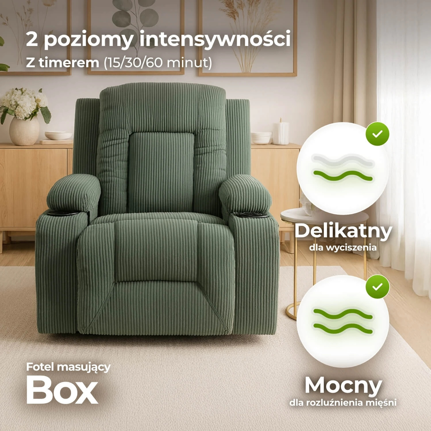 Rozkladacie masážne kreslo BOX, zelené, menčester