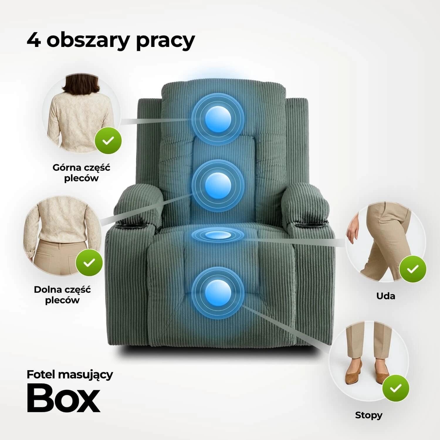 Rozkladacie masážne kreslo BOX, zelené, menčester