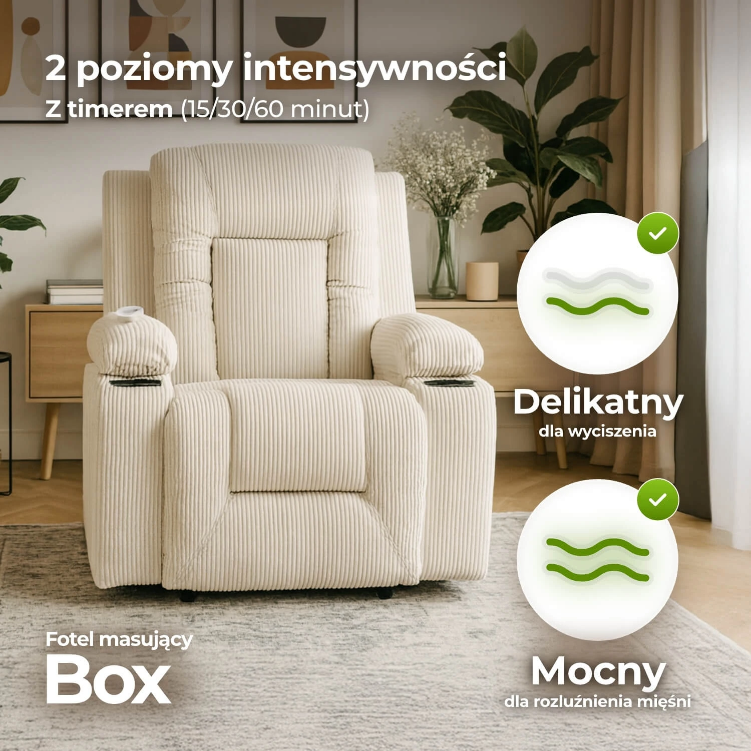 Rozkladacie masážne kreslo BOX, béžové, menčester