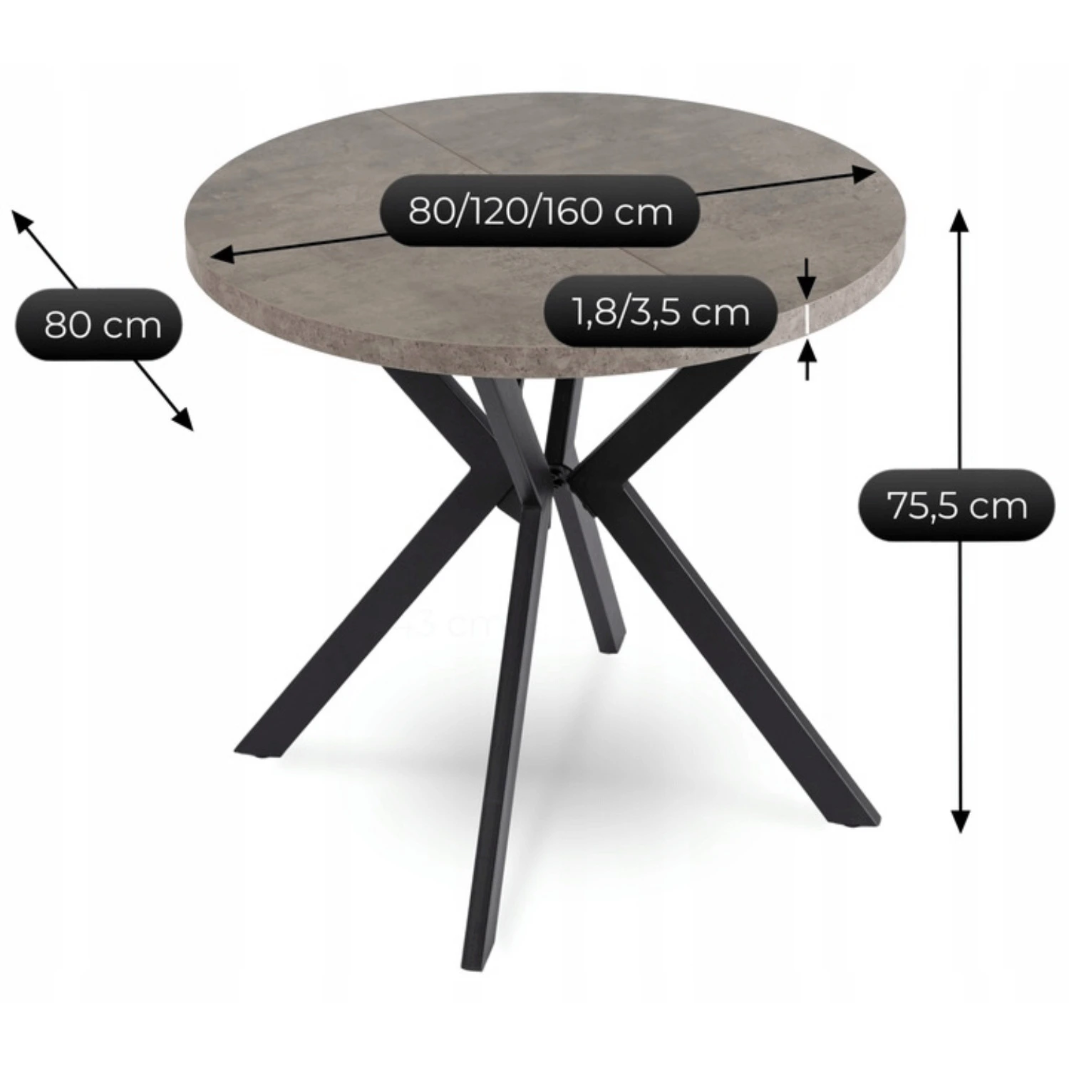 Rozkladací stôl DORIAN 80-160 cm, betón/čierny