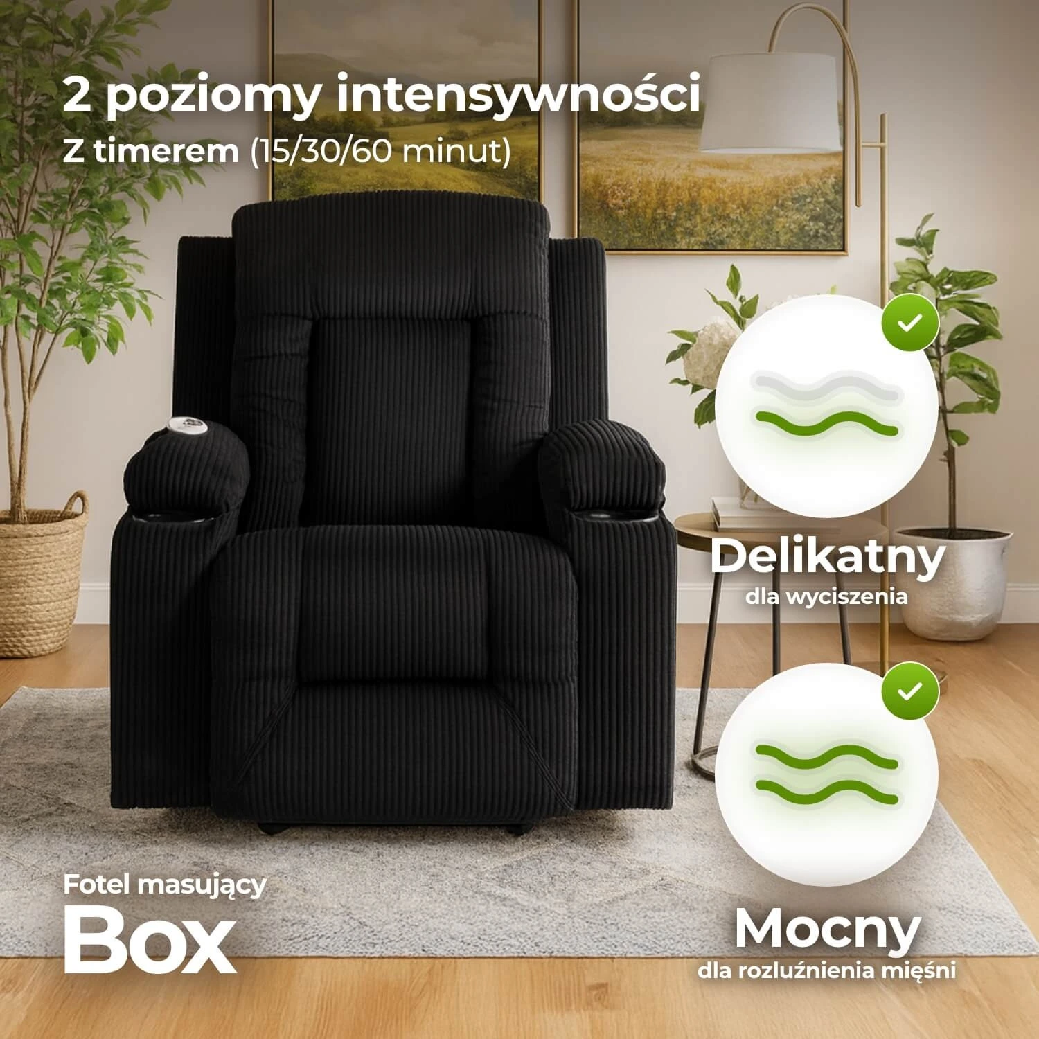 Rozkladacie masážne kreslo BOX, čierne, menčester