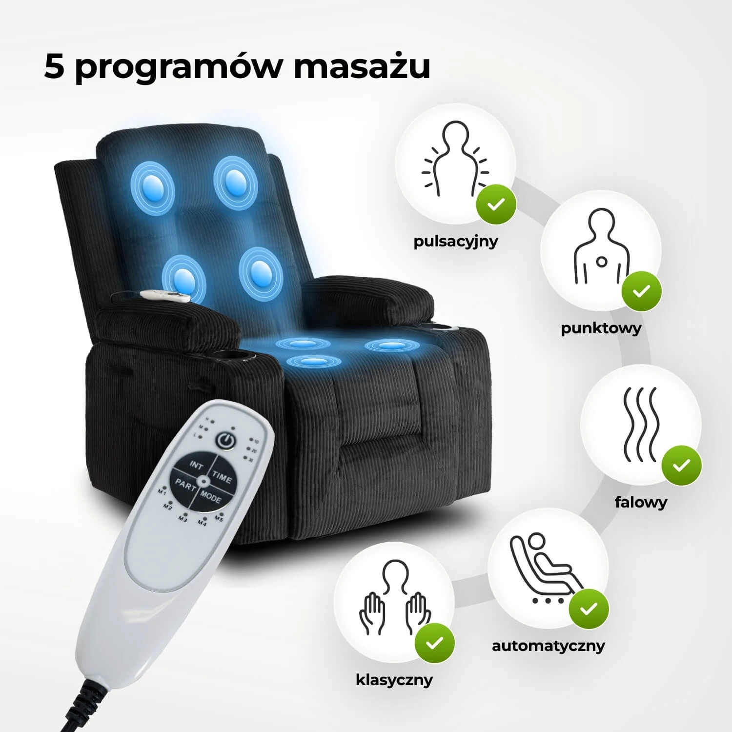 Rozkladacie masážne kreslo BOX, čierne, menčester
