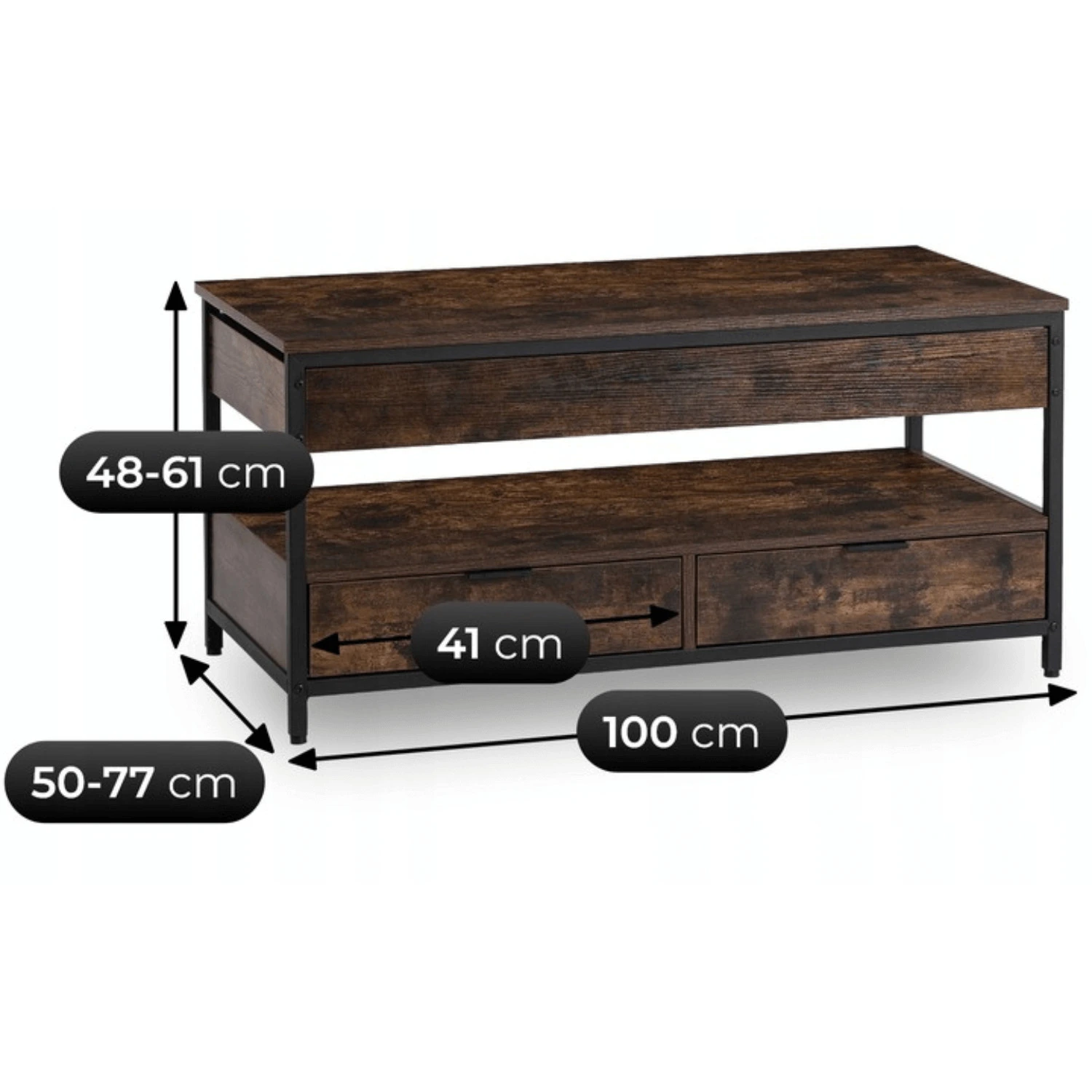 Rozkladací konferenčný stolík LUCA 100 cm, rustikálny dub/čierny