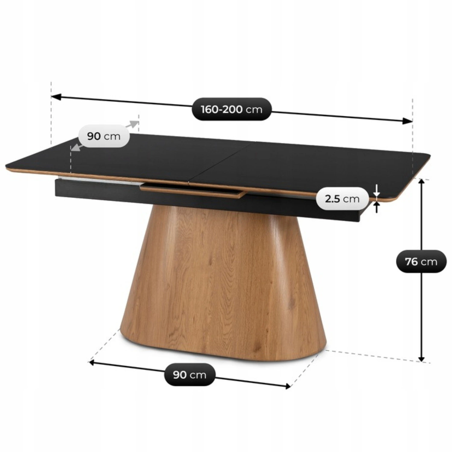 Keramický rozkladací stôl LIZBONA 160-200 cm, čierny/dub