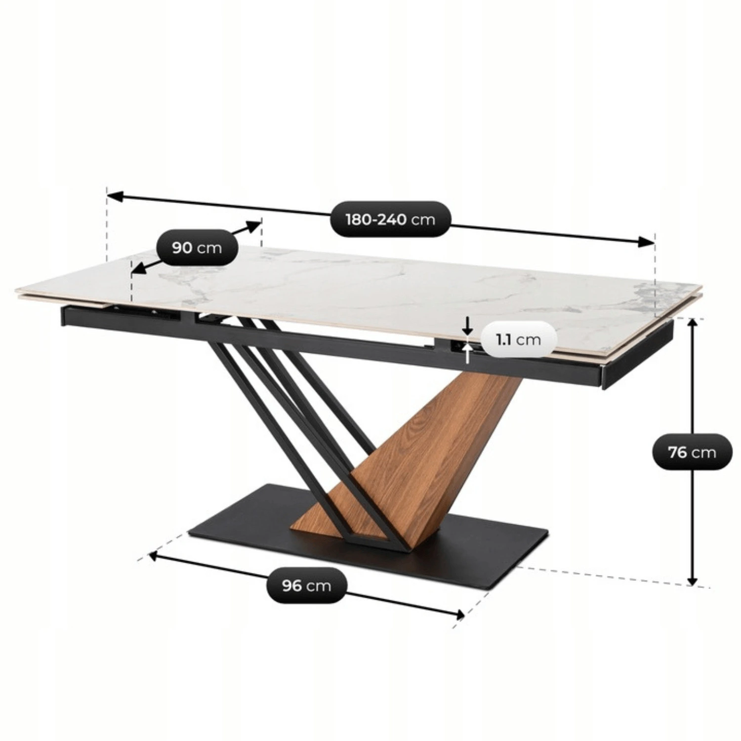 Keramický rozkladací stôl REX 2 180-240 cm, biely mramor/dub