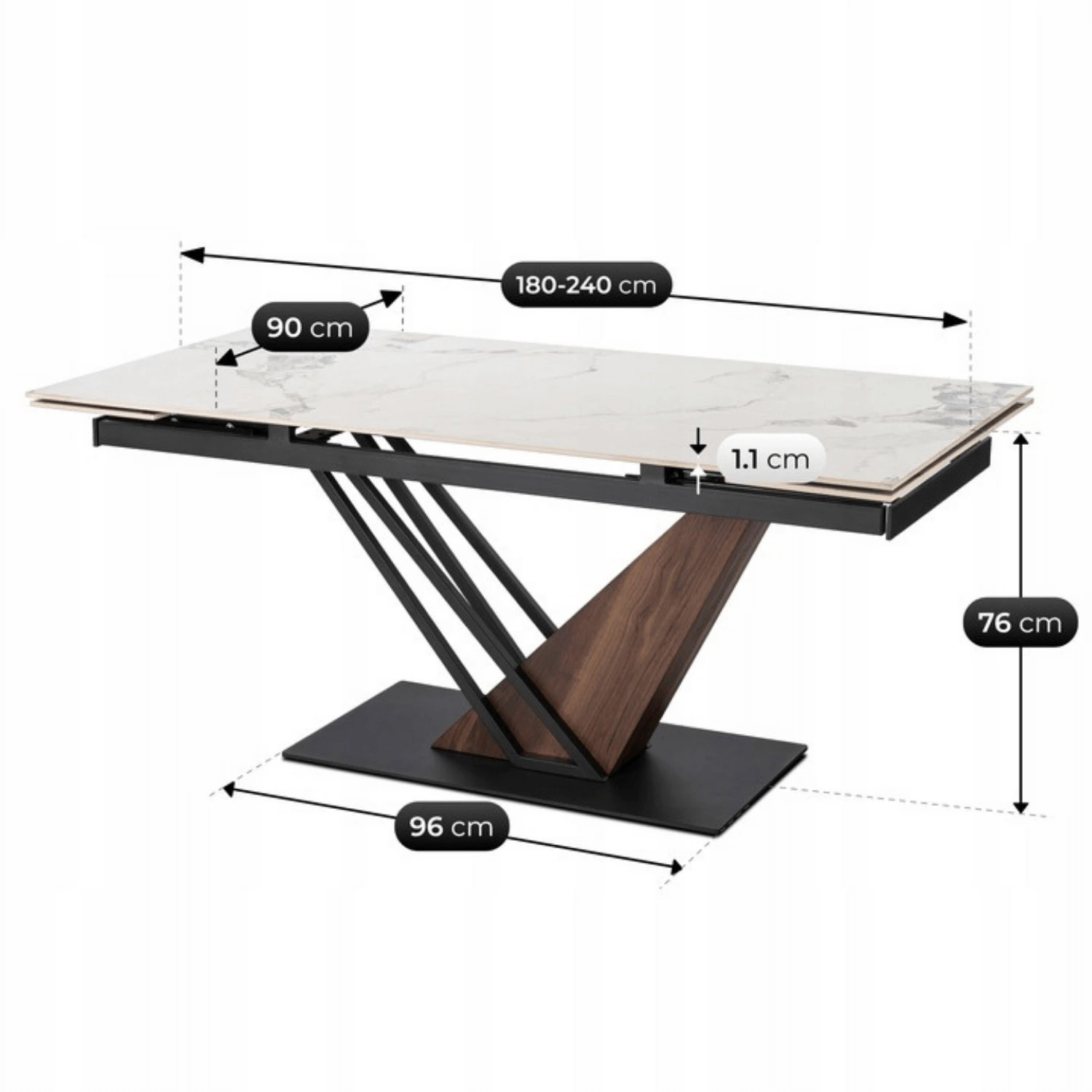 Keramický rozkladací stôl REX 2 180-240 cm, biely mramor/orech