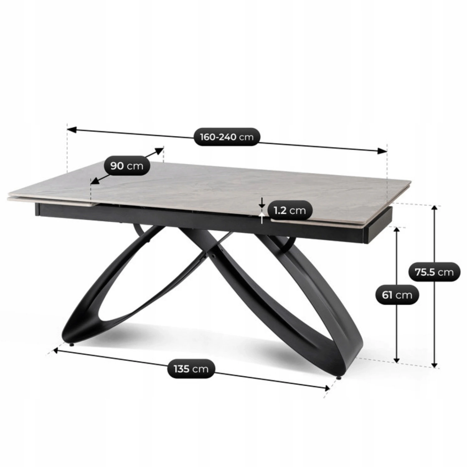 Keramický rozkladací stôl LUIGI 160-240 cm, sivý mramor/čierny