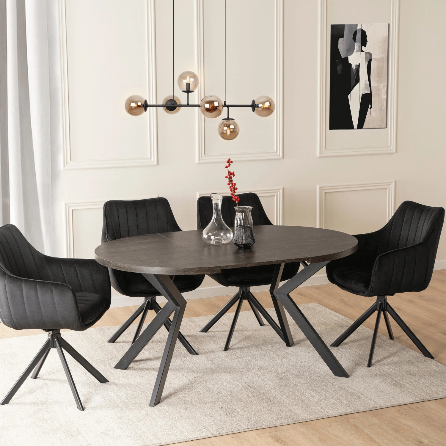 Sada: stôl LUKAS 100-250 cm (čierny) a 4 stoličky MUMBAI 2 (čierne)