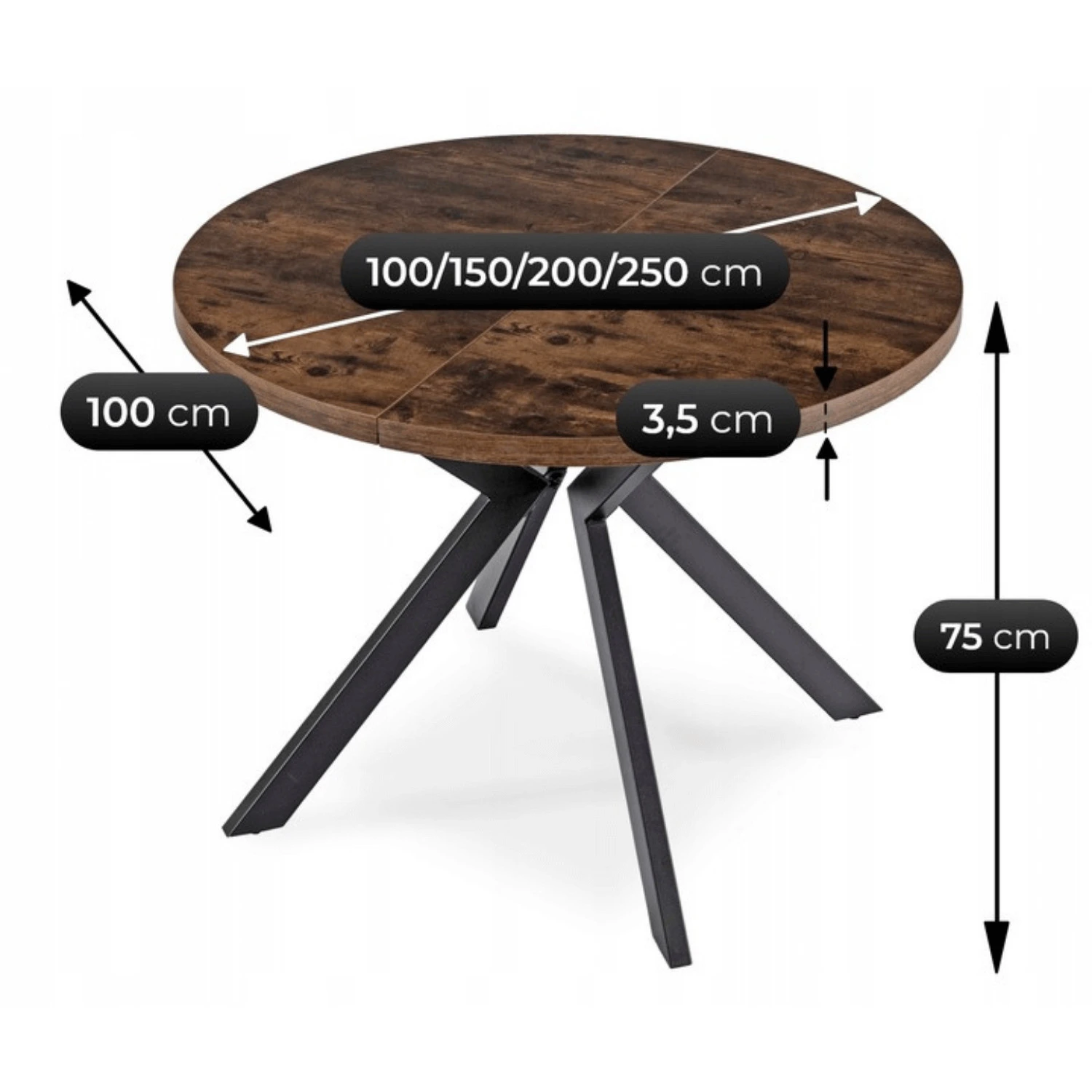 Sada: stôl LUKAS 100-250 cm (rustikálny dub/čierny) a 4 stoličky RICK (hnedé)