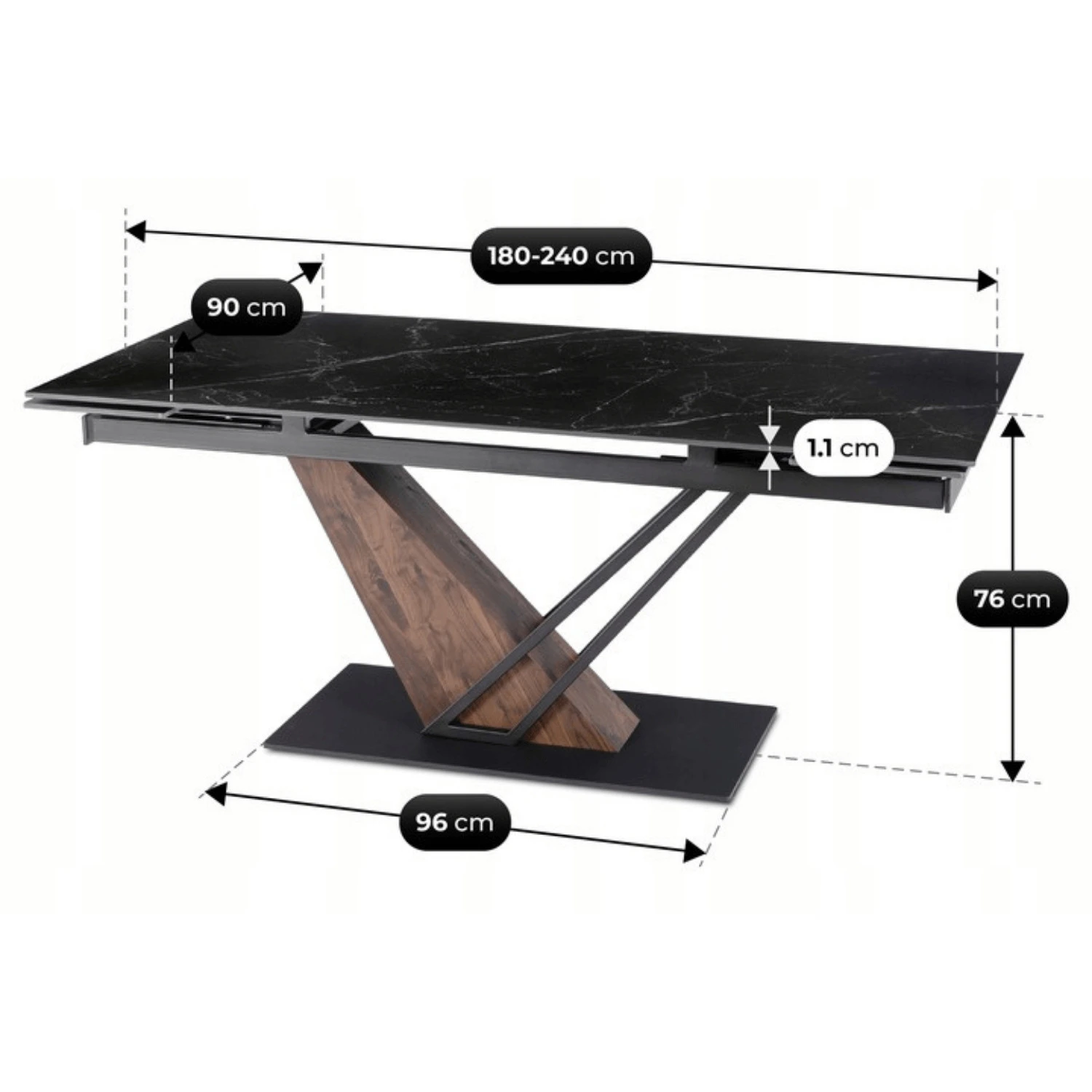 Keramický rozkladací stôl REX 2 180-240 cm, čierny mramor/orech