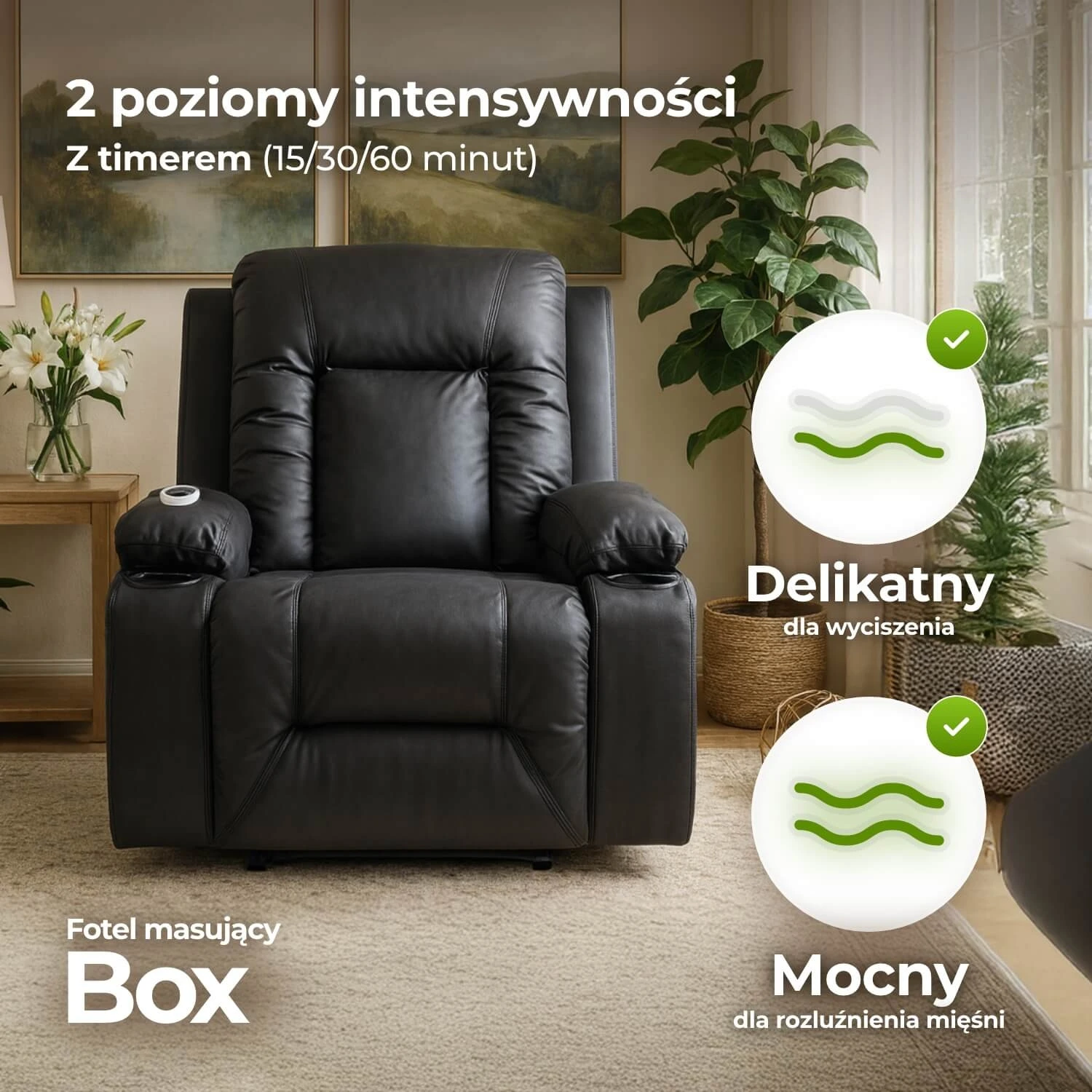 Rozkladacie masážne kreslo BOX, čierne, ekokoža