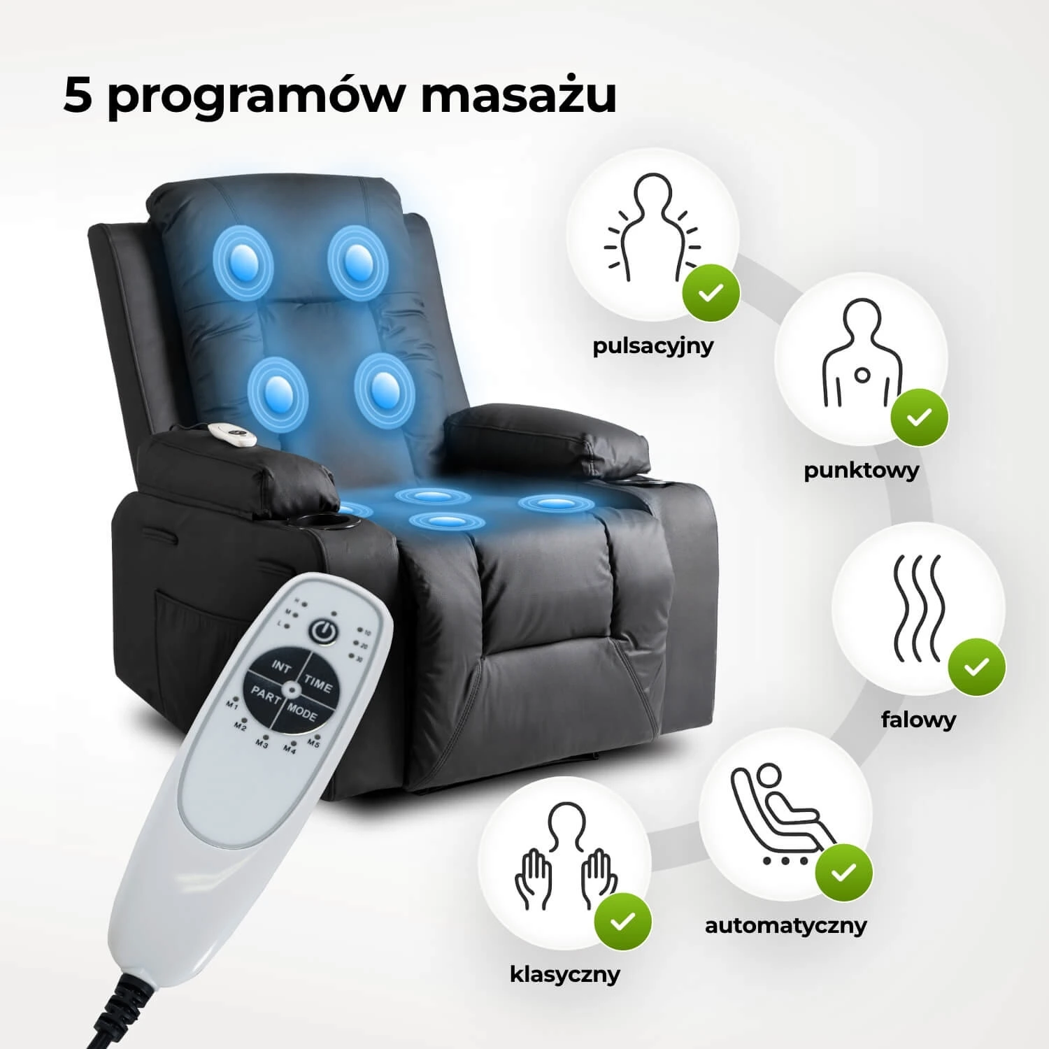 Rozkladacie masážne kreslo BOX, čierne, ekokoža