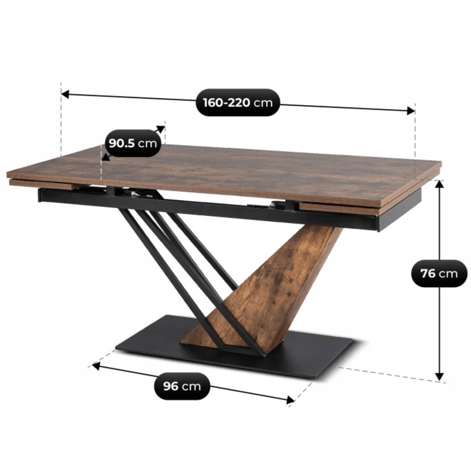 Rozkladací stôl REX 160-220 cm, rustikálny dub/čierny, MDF