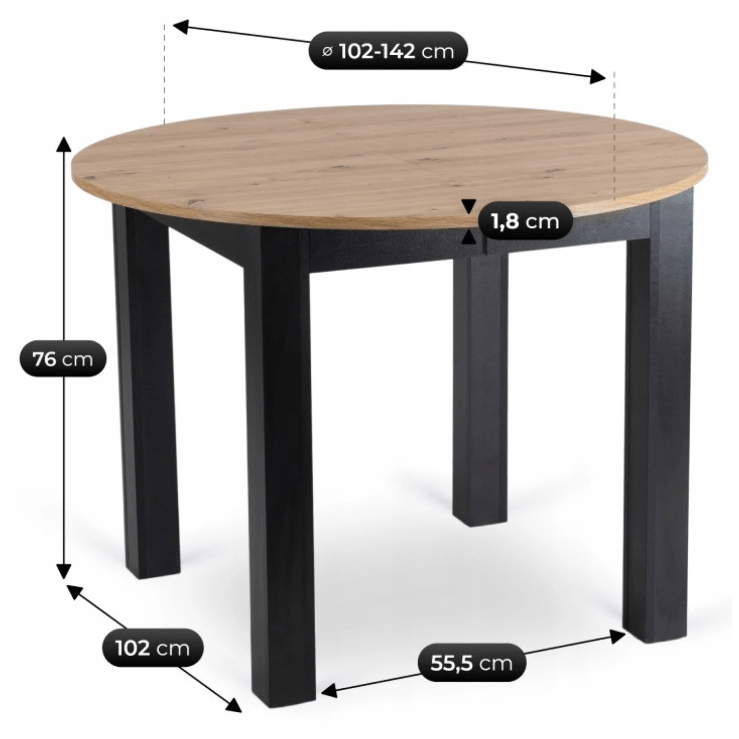 Sada: stôl HARRY 102-142 cm (dub artisan/čierny) a 4 stoličky PERU (čierne)