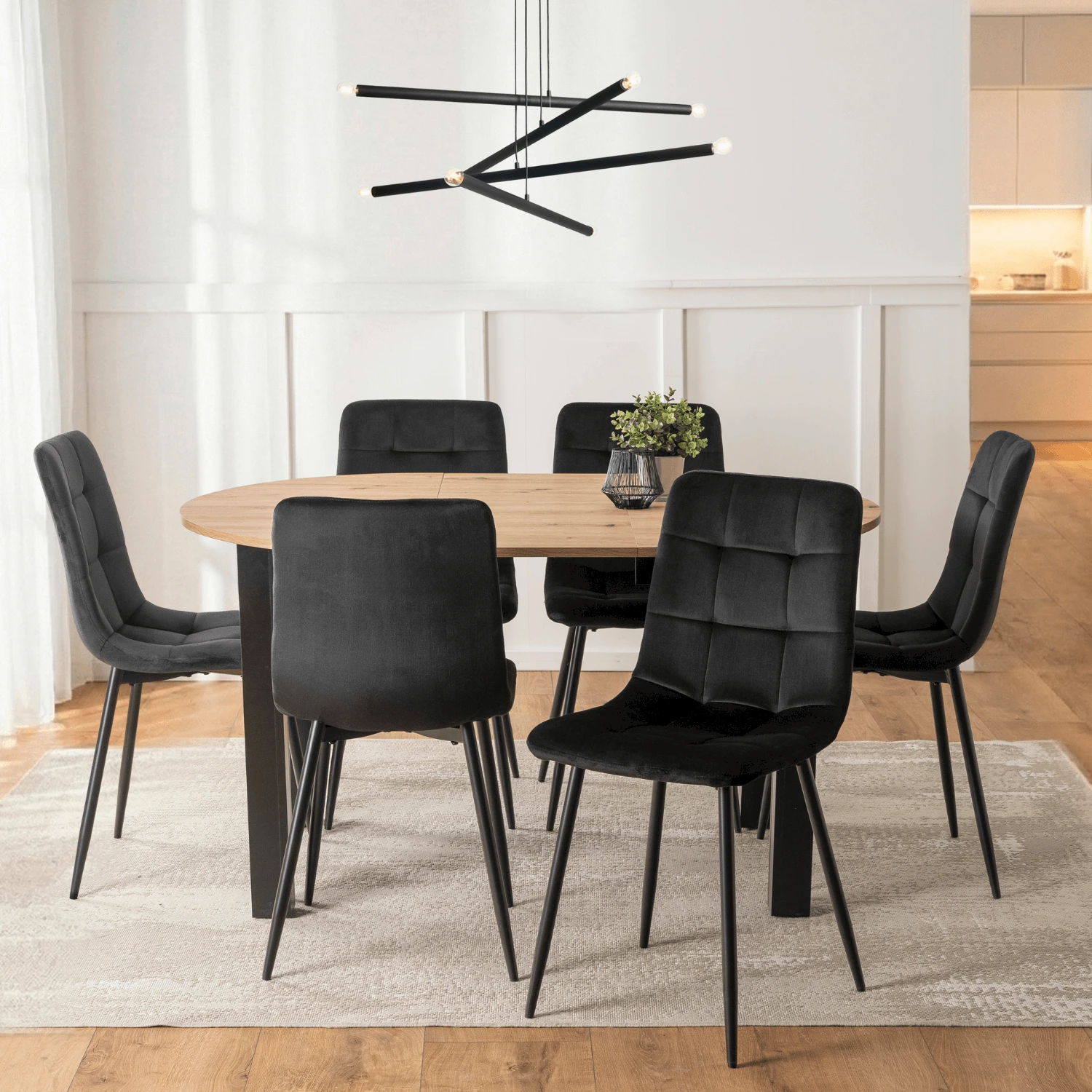Sada: stôl HARRY 102-142 cm (dub artisan/čierny) a 6 stoličiek PERU (čierne)
