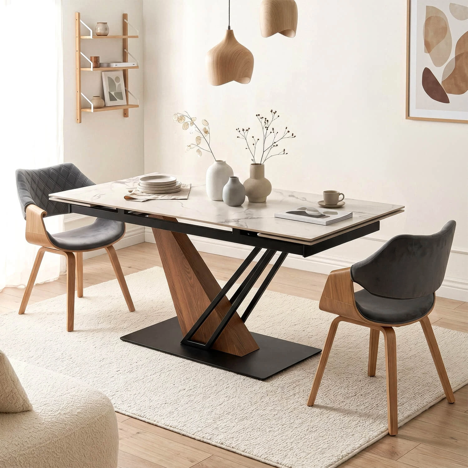 Keramický rozkladací stôl REX 2 180-240 cm, biely mramor/dub