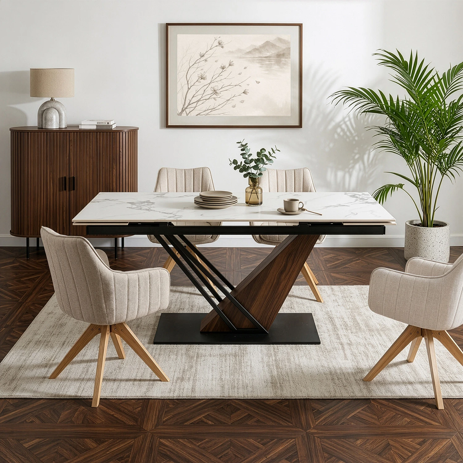 Keramický rozkladací stôl REX 2 180-240 cm, biely mramor/orech