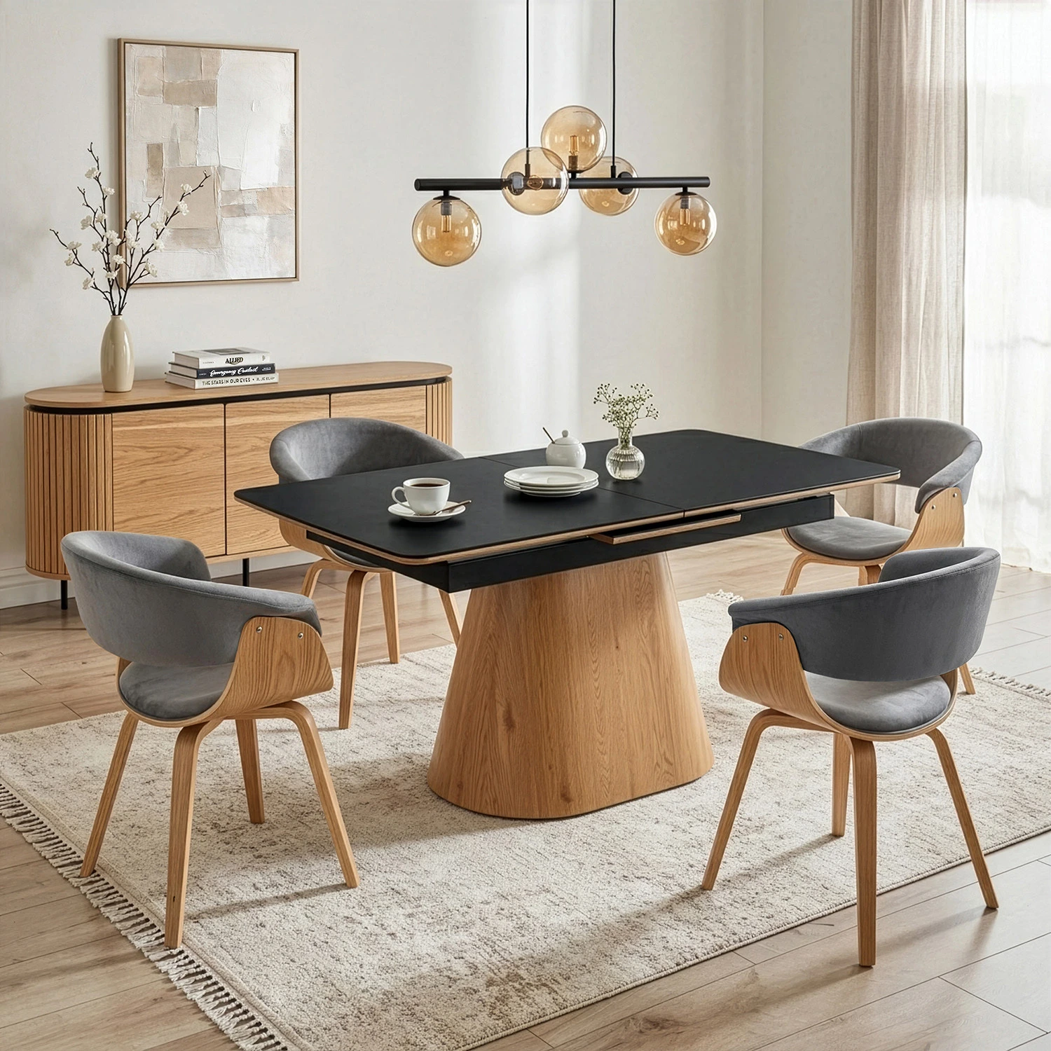 Keramický rozkladací stôl LIZBONA 160-200 cm, čierny/dub