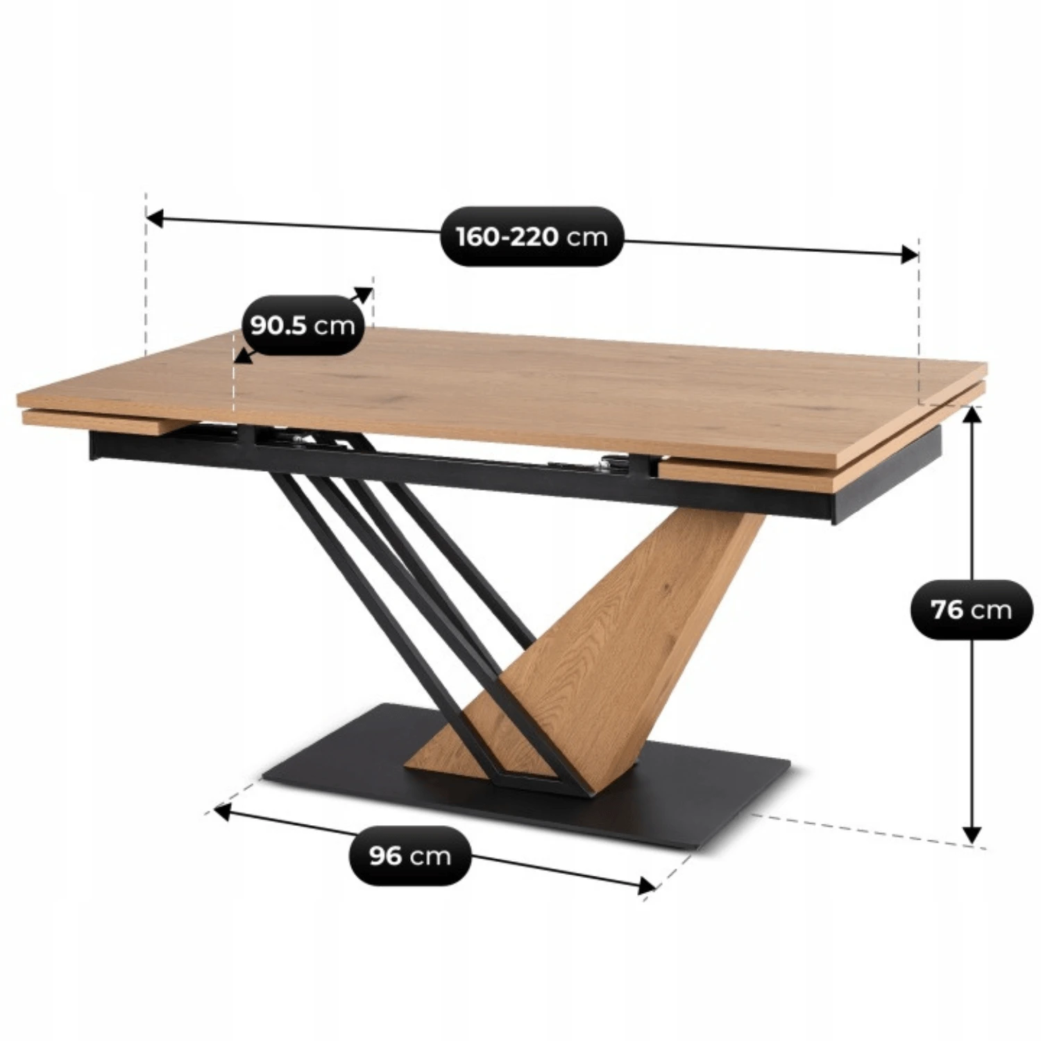 Rozkladací stôl REX 160-220 cm, dub/čierny, MDF