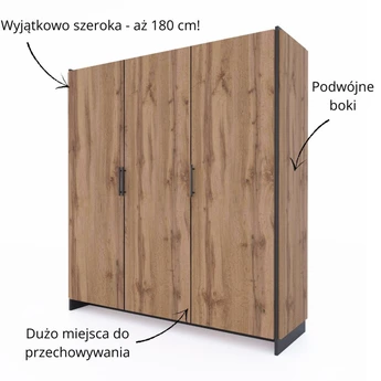 Szafa Trzydrzwiowa OMINA 180 cm Dąb Wotan/Czarny Nowoczesna Loft - obraz 3