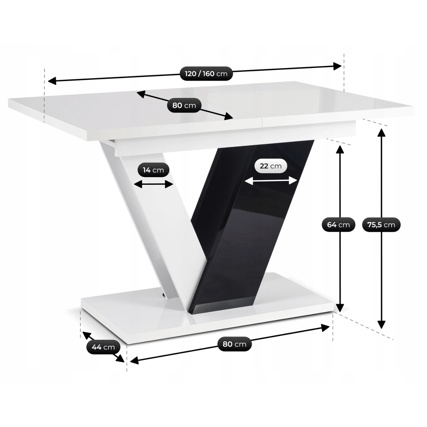 Rozkladací stôl CLARK 120-160 cm, biely/čierny lesk