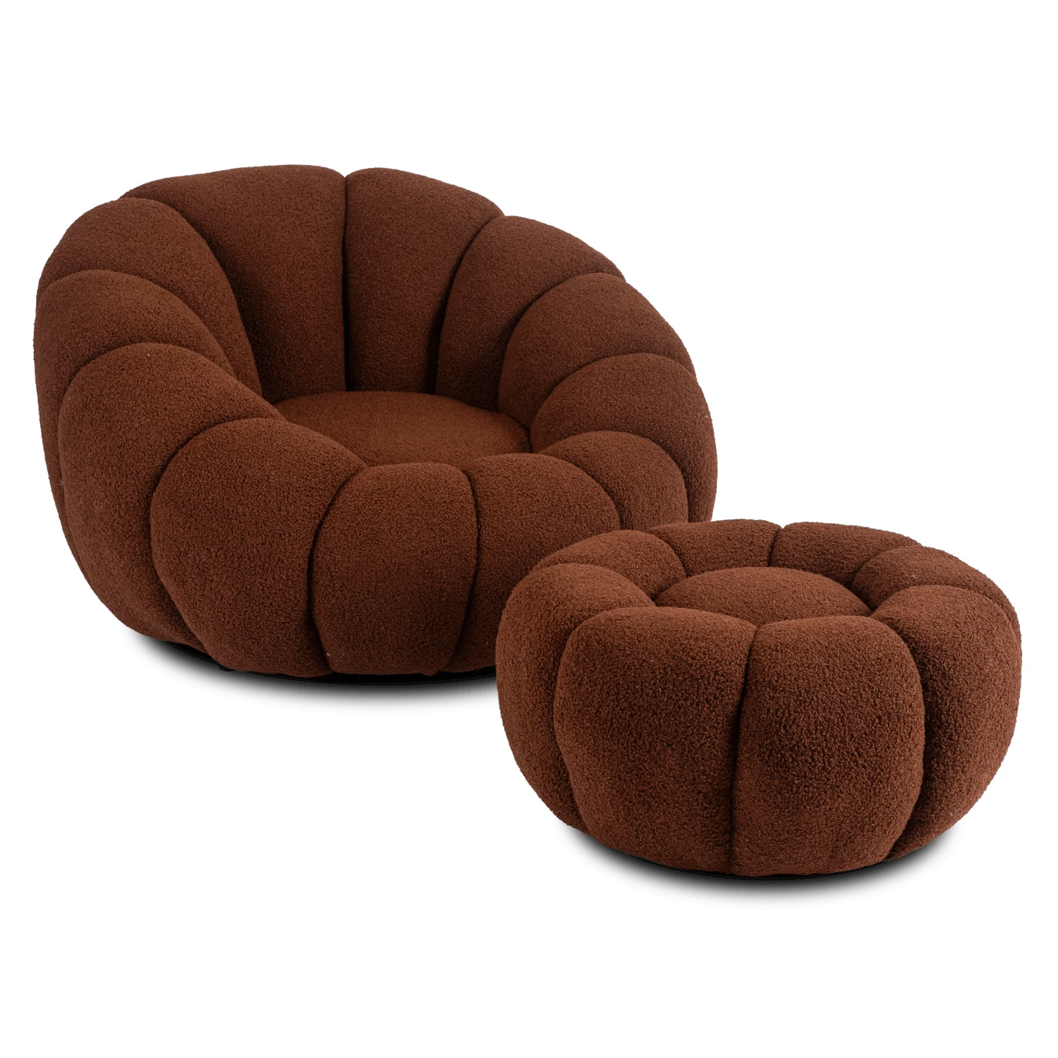Otočné relaxačné kreslo PETTIT s pufom, hnedé, bouclé