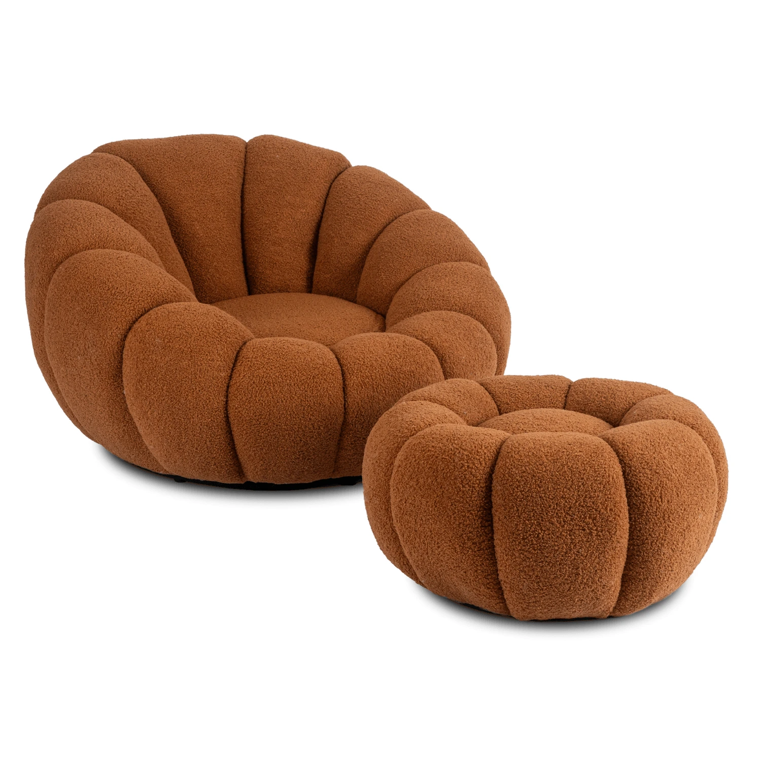 Otočné relaxačné kreslo PETTIT s pufom, ryšavé, bouclé