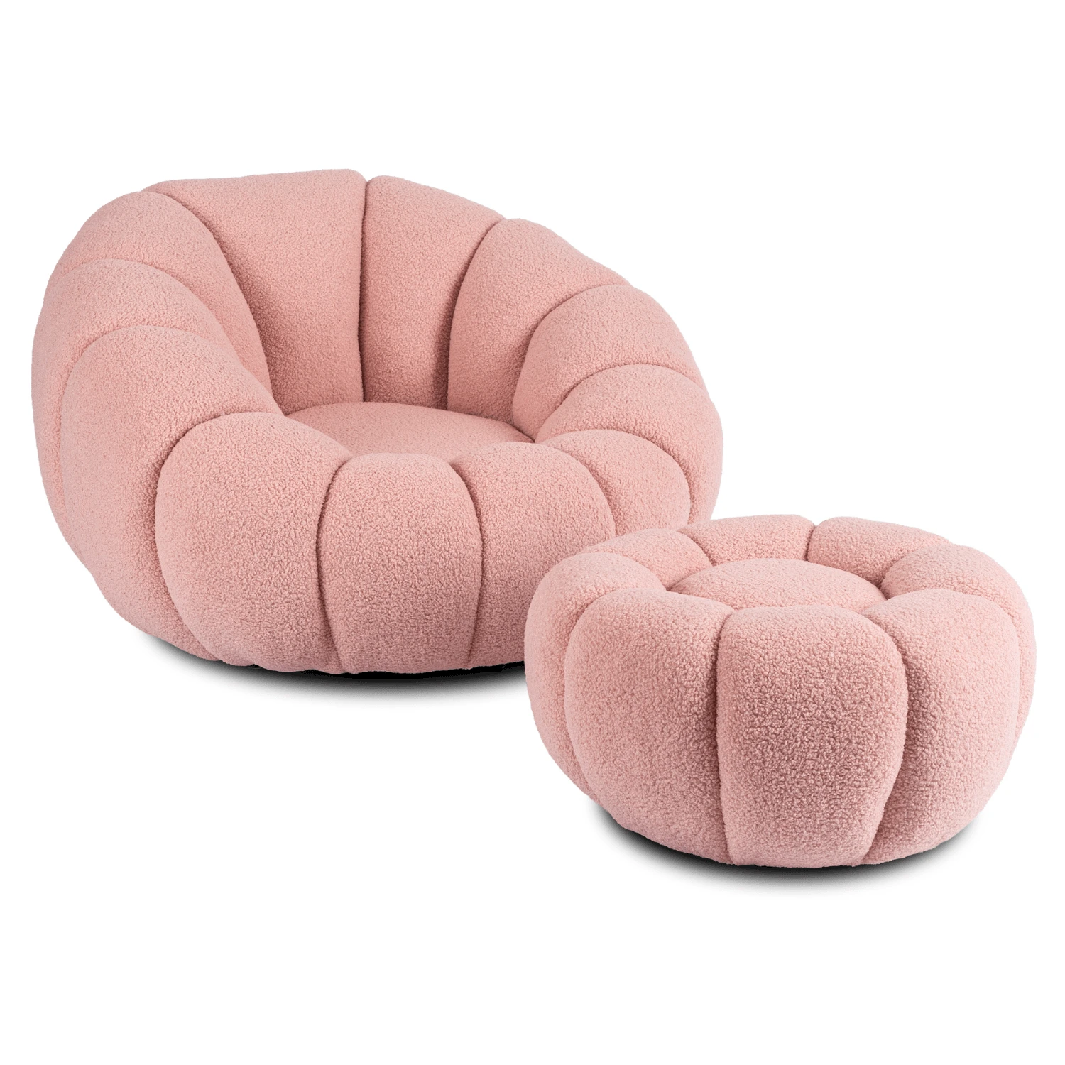 Otočné relaxačné kreslo PETTIT s pufom, ružové, bouclé