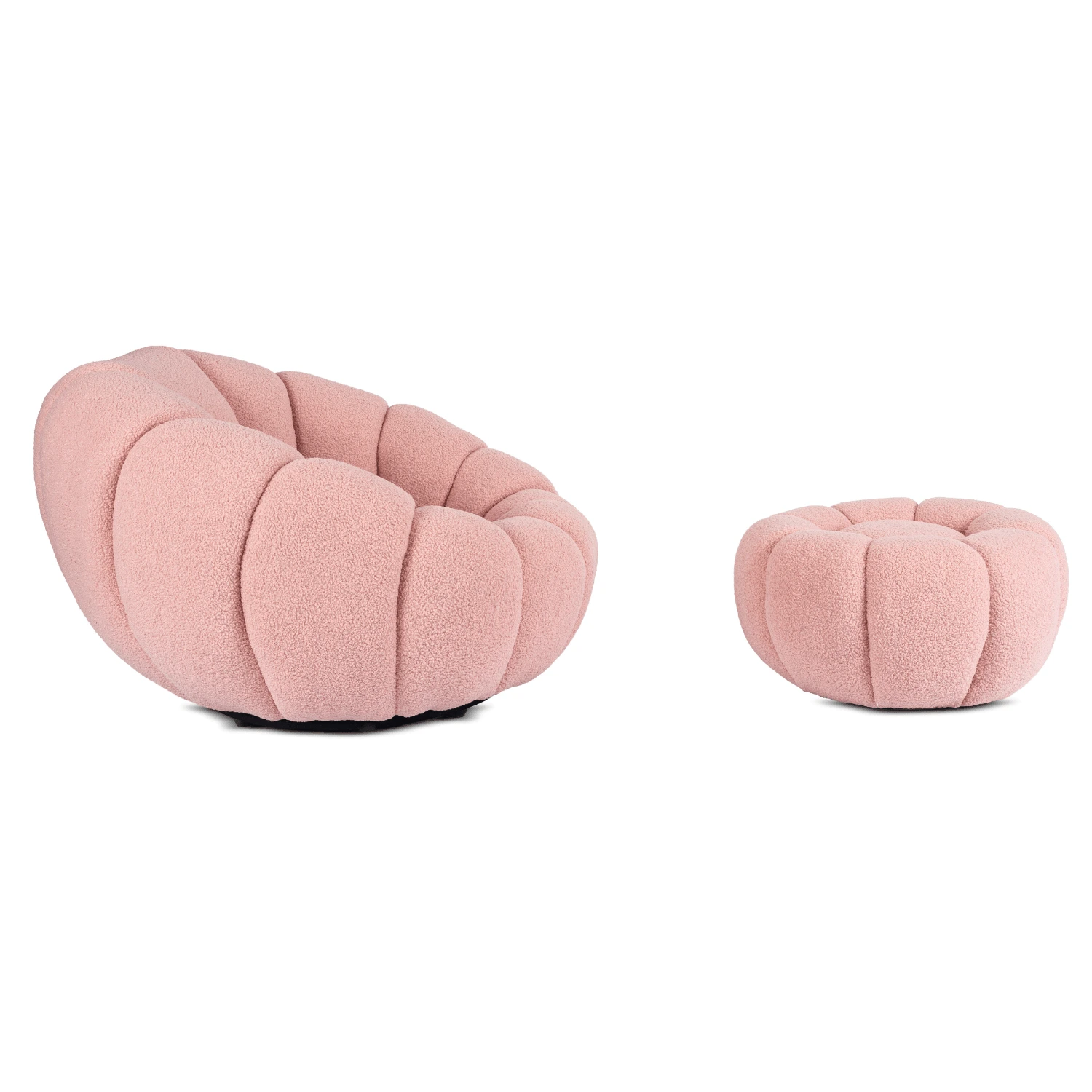 Otočné relaxačné kreslo PETTIT s pufom, ružové, bouclé