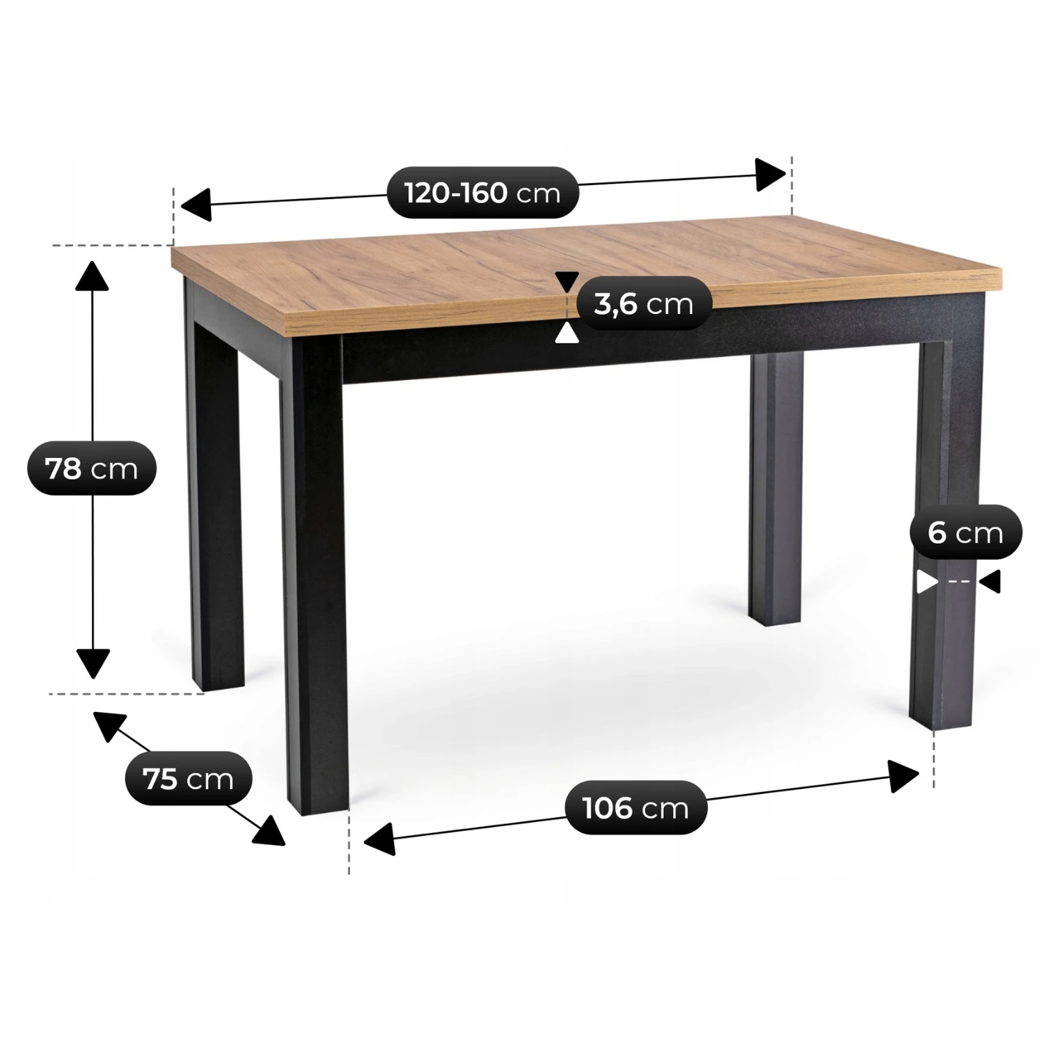 Rozkladací stôl SKUBI 120-160 cm, dub craft/čierny