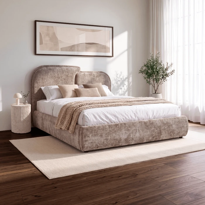 Łóżko Tapicerowane 160x200 cm PURE ze Stelażem i Pojemnikiem Dwuosobowe Beżowe Japandi