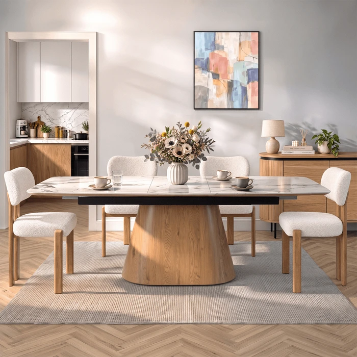 Stół Rozkładany Prostokątny LIZBONA 160-200 cm Ceramiczny Biały/Dąb do Jadalni Skandynawski