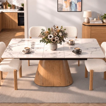 Stół Rozkładany Prostokątny LIZBONA 160-200 cm Ceramiczny Biały/Dąb do Jadalni Skandynawski - obraz 4