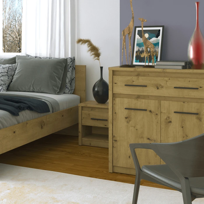Komoda Dwudrzwiowa z Szufladą Drewniana do Sypialni OPIA 86,6 cm Dąb Artisan Nowoczesna