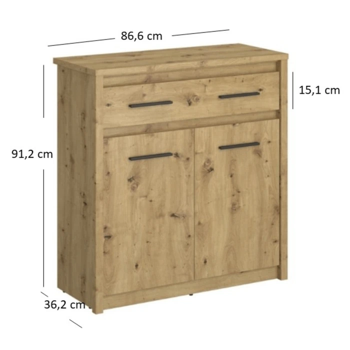 Komoda Dwudrzwiowa z Szufladą Drewniana do Sypialni OPIA 86,6 cm Dąb Artisan Nowoczesna
