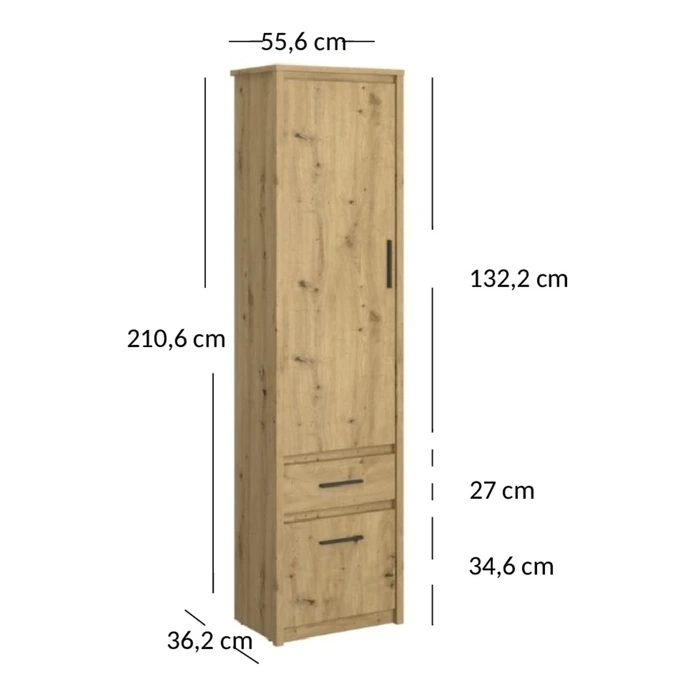 Regał z Szufladą Zamknięty Wysoki Drewniany do Salonu OPIA 55,6 cm Dąb Artisan Nowoczesny