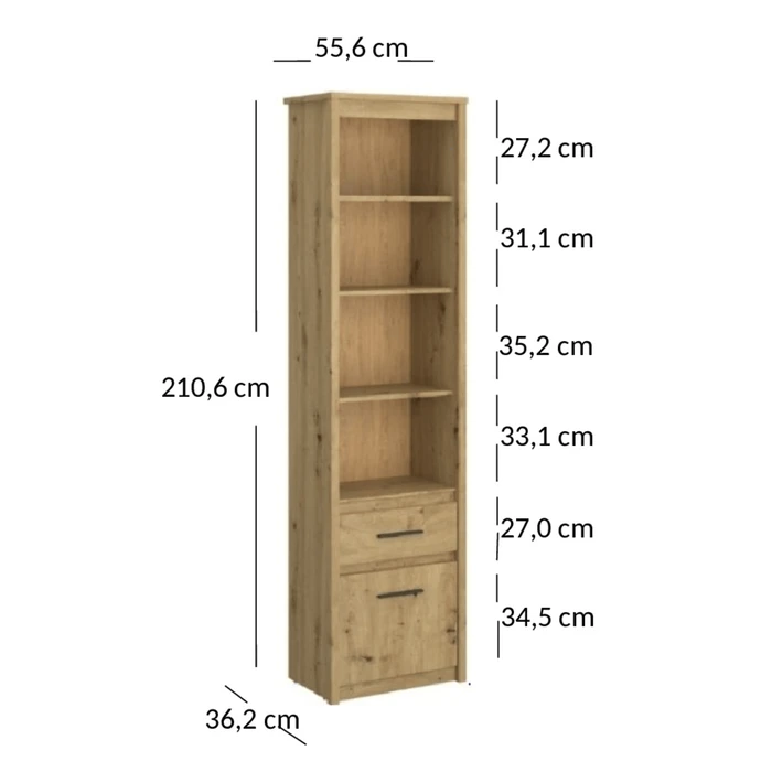 Regał z Szufladą Otwarty Wysoki Drewniany do Salonu OPIA 55,6 cm Dąb Artisan Nowoczesny