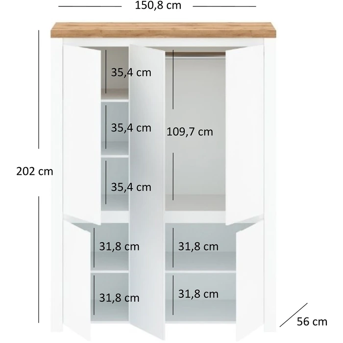 Szafa z Lustrem HAVEN 150,8 cm Biały Połysk/Dąb Wotan do Sypialni Nowoczesna