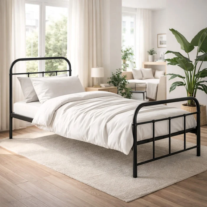 Łóżko Metalowe 90x200 cm ze Stelażem Jednoosobowe PABLO Czarne Loft